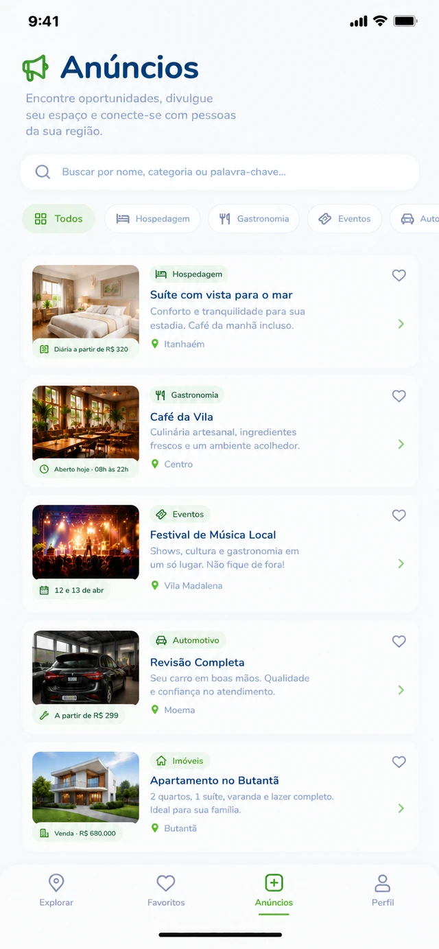 Tela de anúncios do Dakiali com busca, categorias e opções da região.