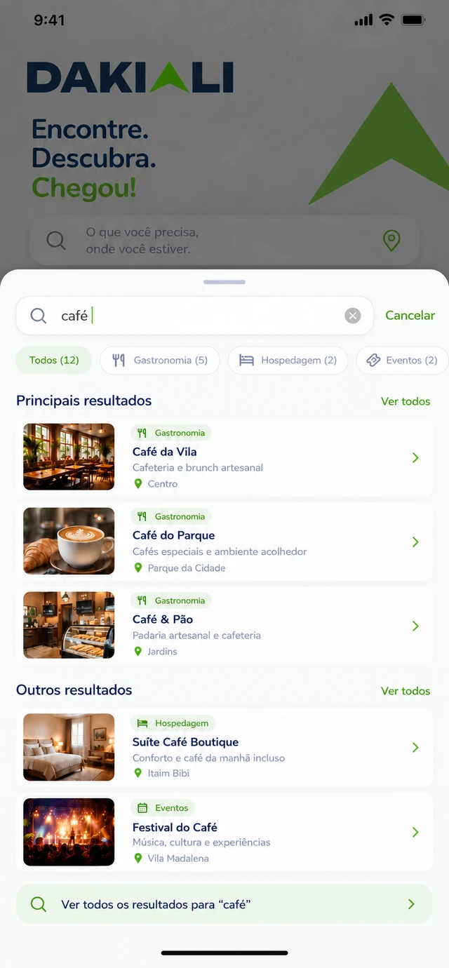 Tela de busca do Dakiali com categorias e resultados para café.